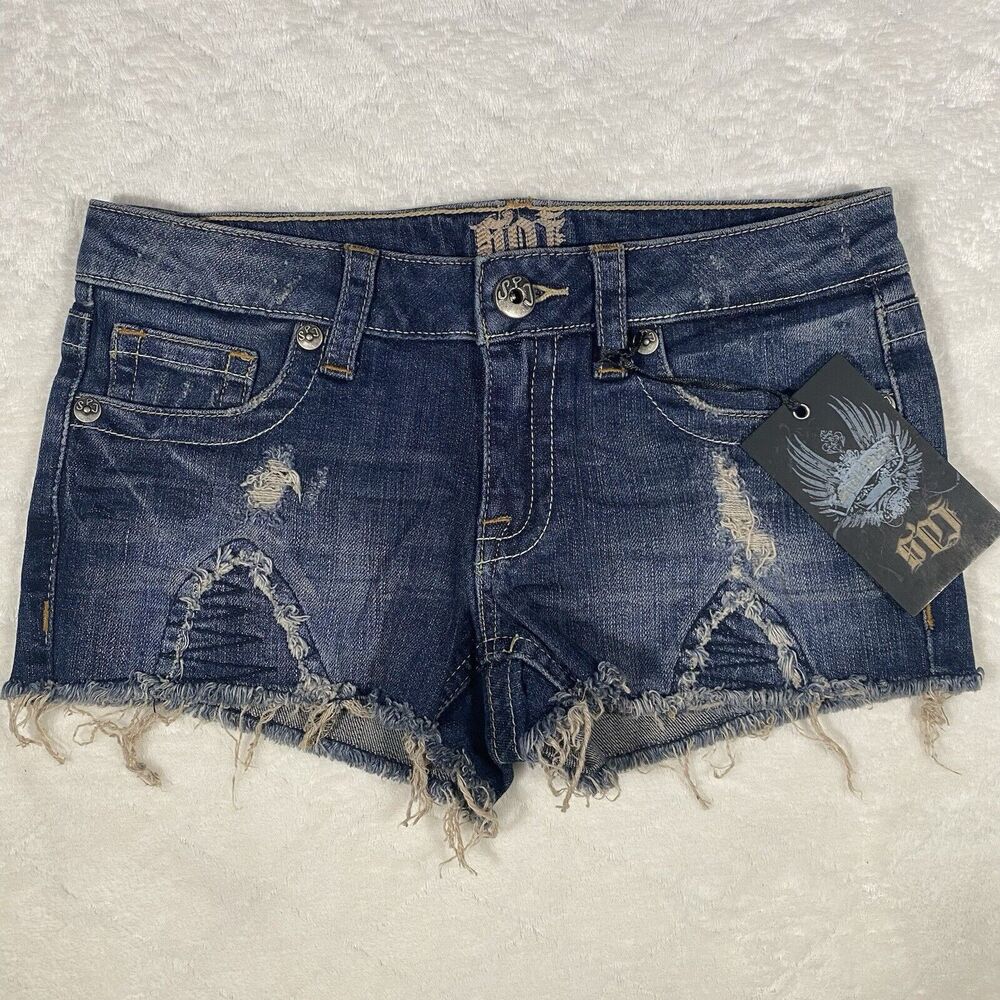 SPJ Denim Micro Mini Shorts Frayed Distressed Festival Low Rise Juniors Sz XS